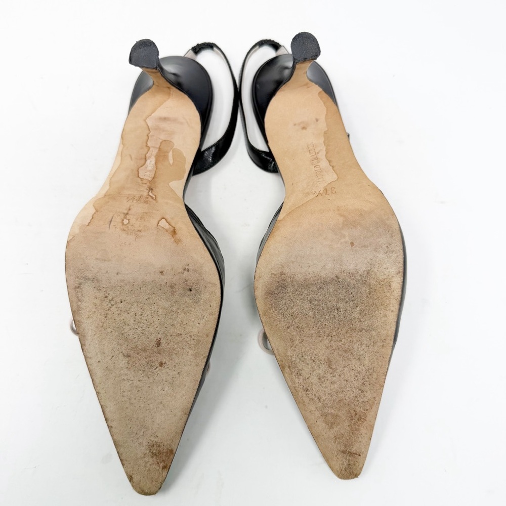 Manolo Blahnik Black Leather Slingback Pumps Bow Detail Pointed Toe Size 37.5 - Picture 9 of 10